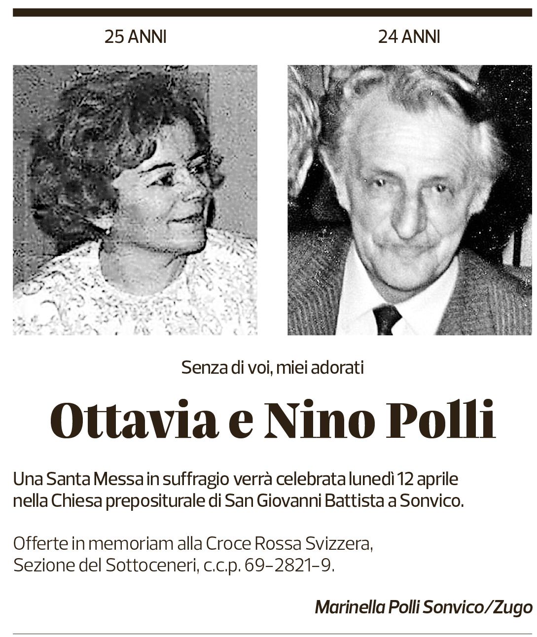 Annuncio funebre Ottavia E Nino Polli