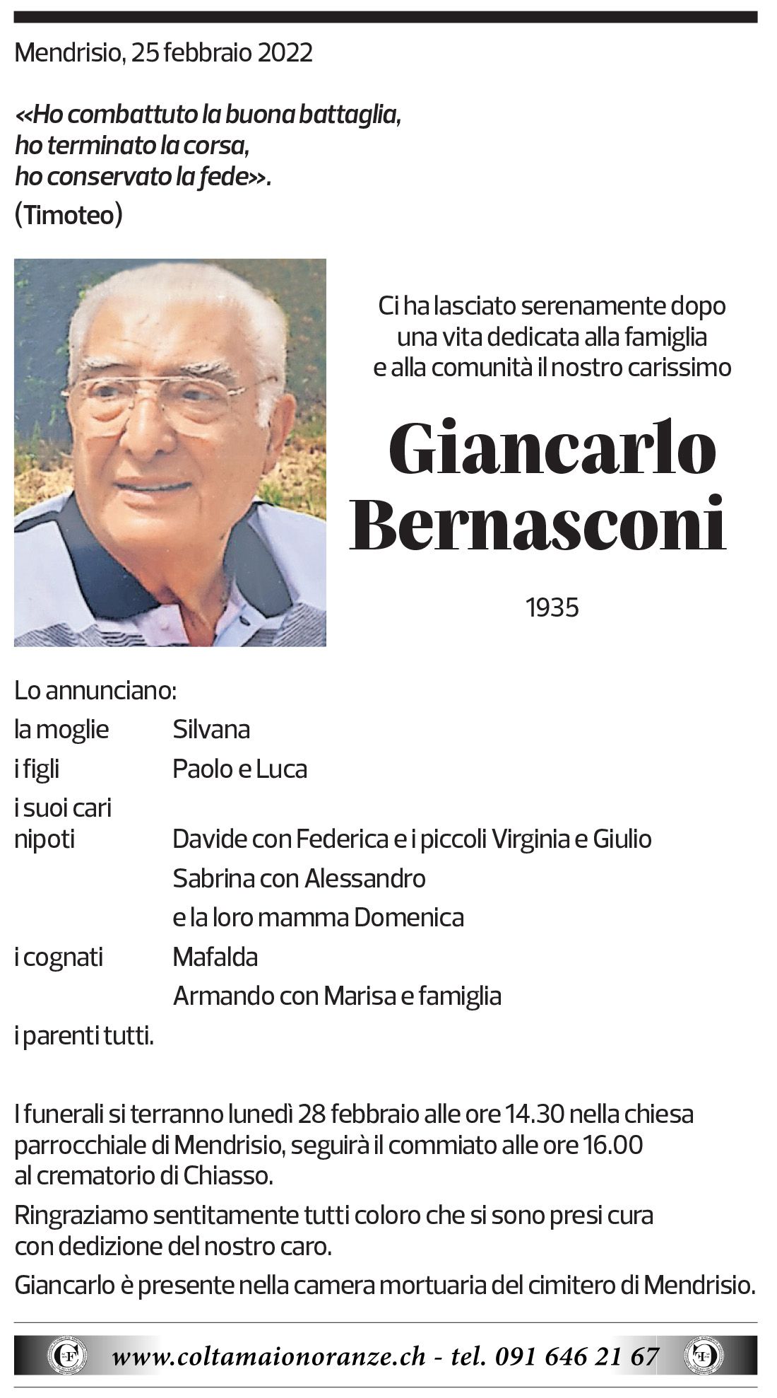 Annuncio funebre Giancarlo Bernasconi