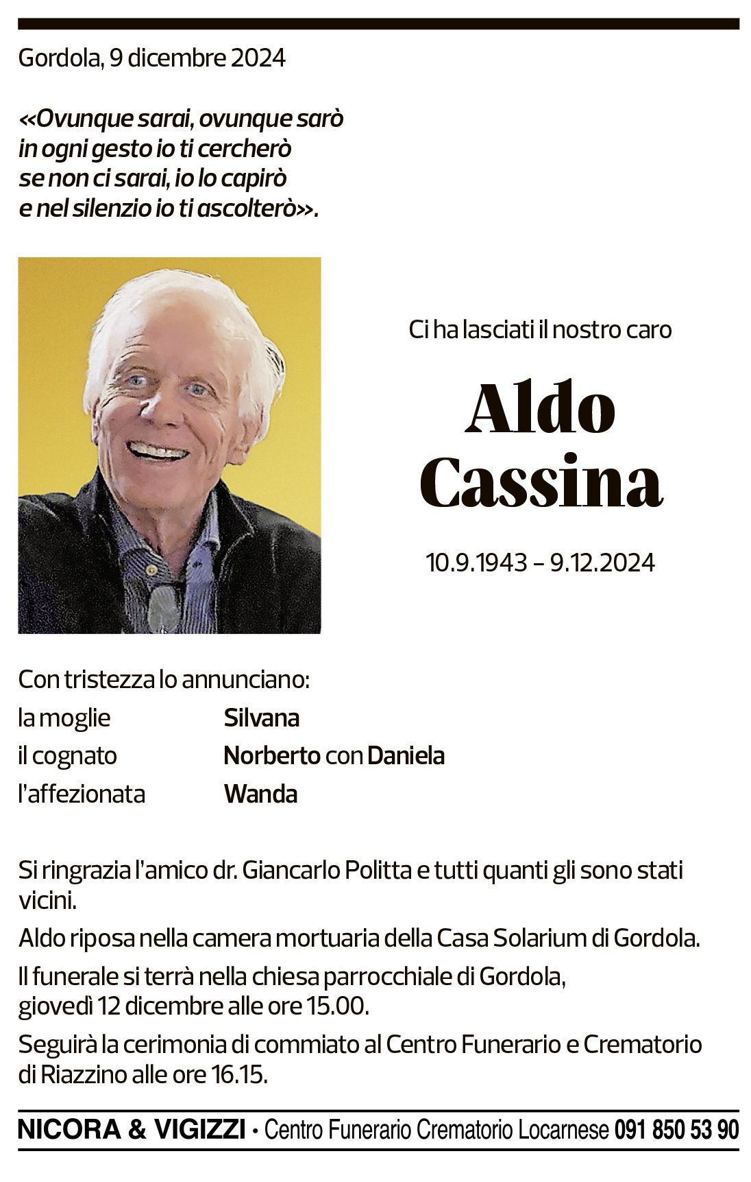 Annuncio funebre Aldo Cassina