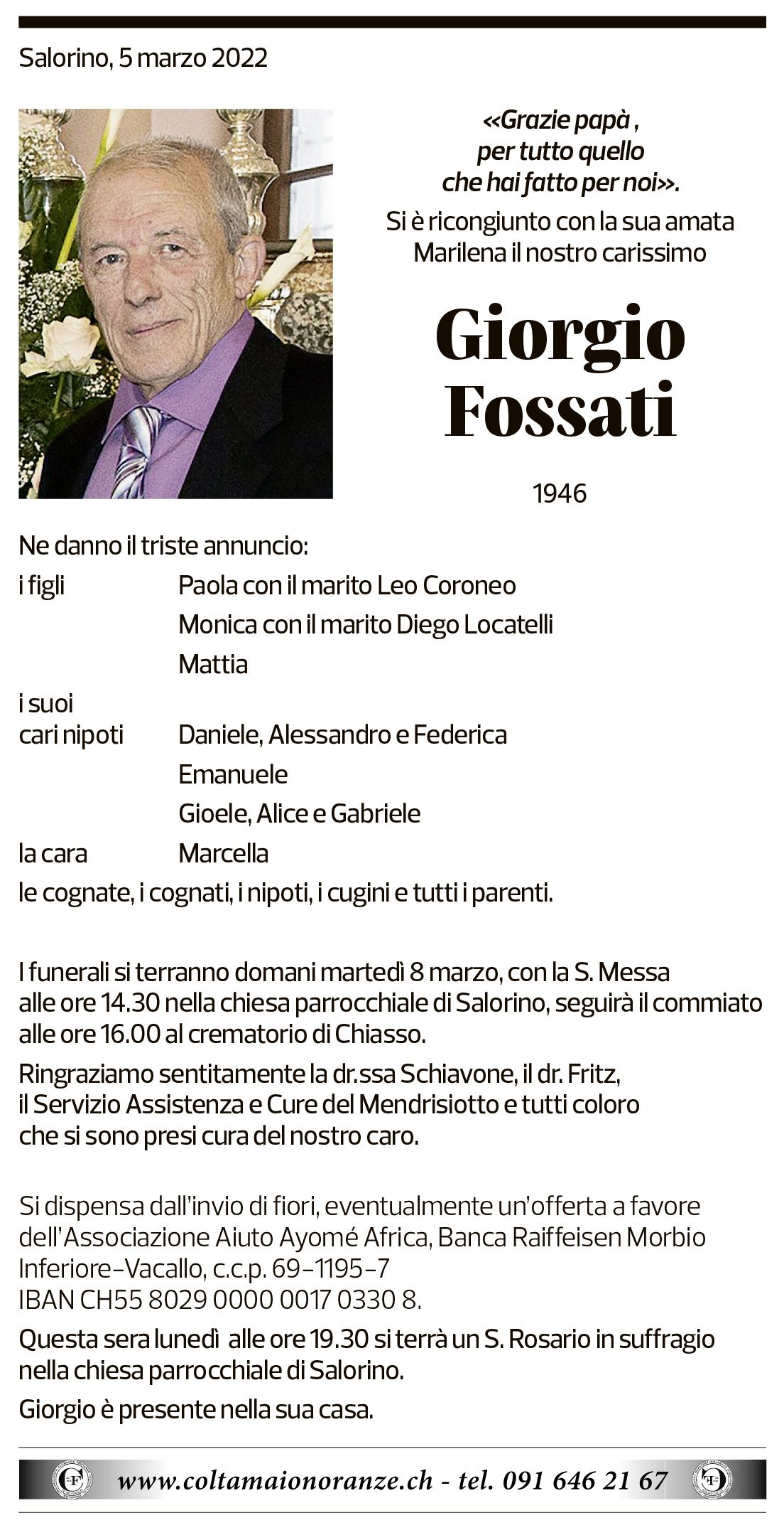 Annuncio funebre Giorgio Fossati