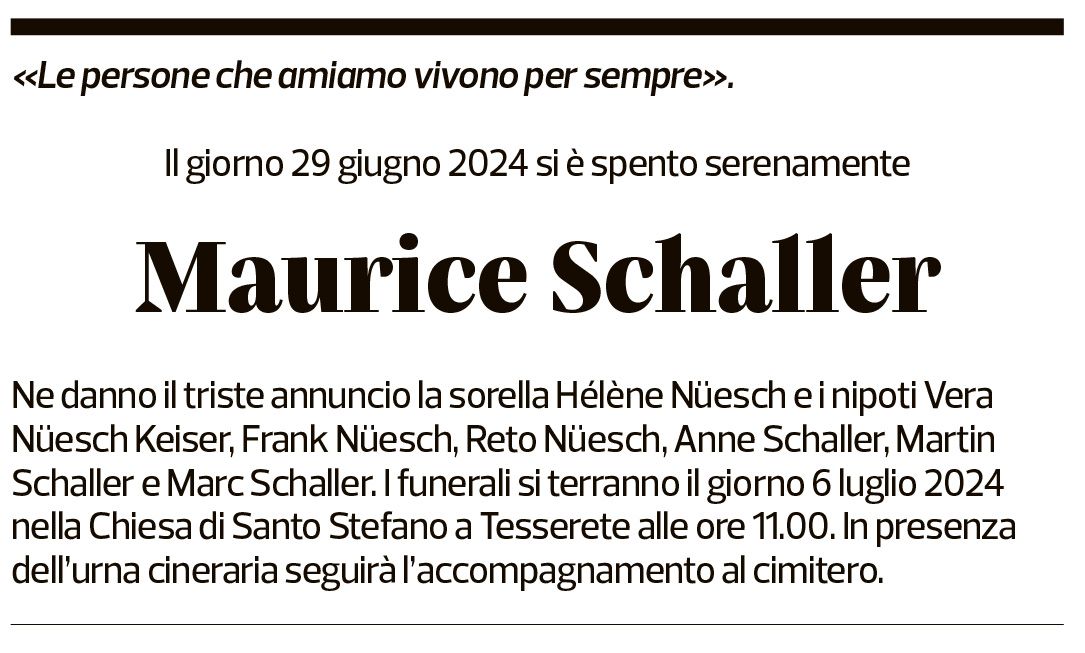 Annuncio funebre Maurice Schaller