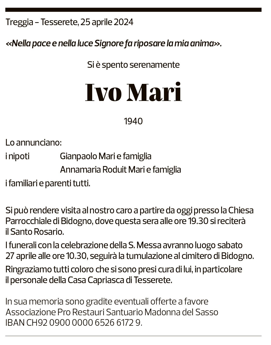 Annuncio funebre Ivo Mari