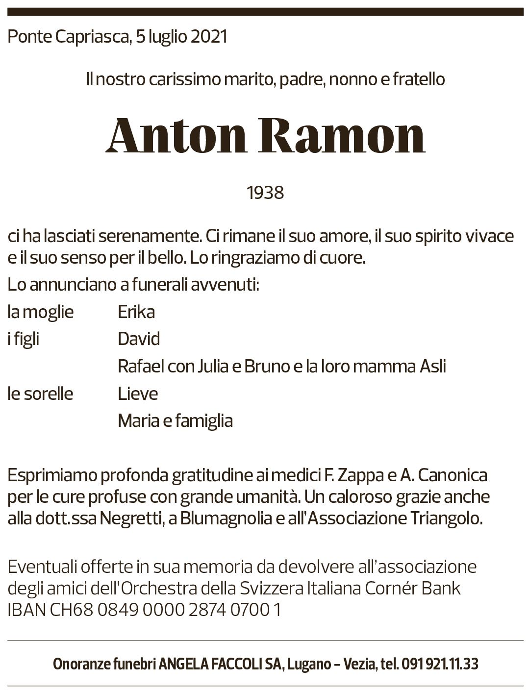 Annuncio funebre Anton Ramon