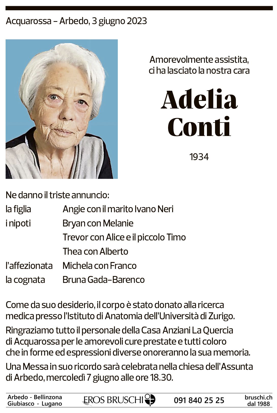 Annuncio funebre Adelia Conti