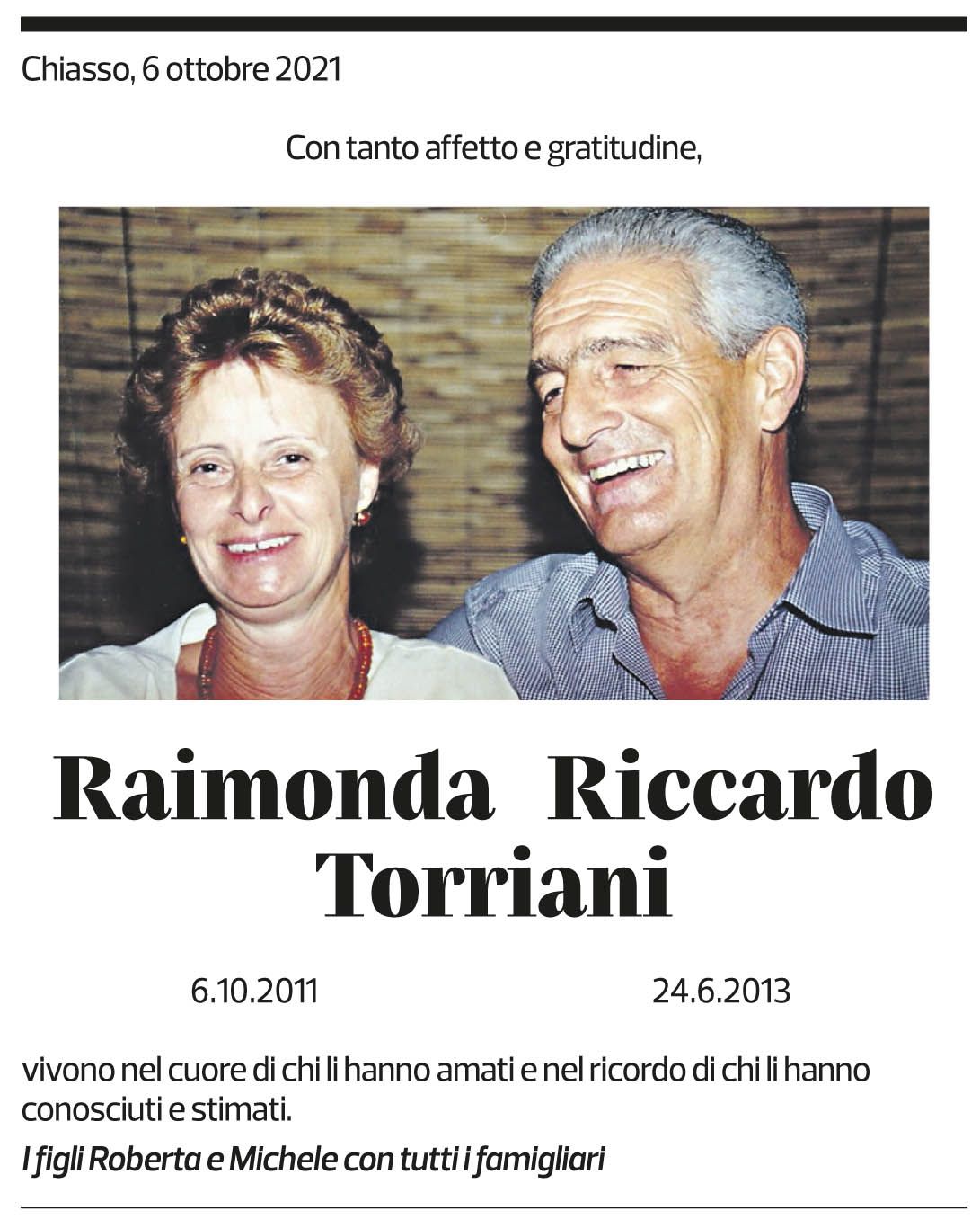 Annuncio funebre Raimonda Torriani Riccardo Torriani