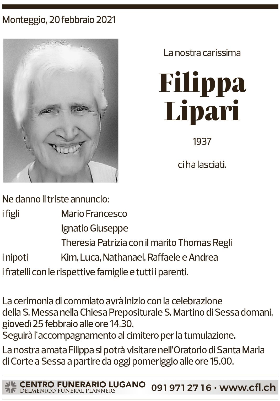 Annuncio funebre Filippa Lipari