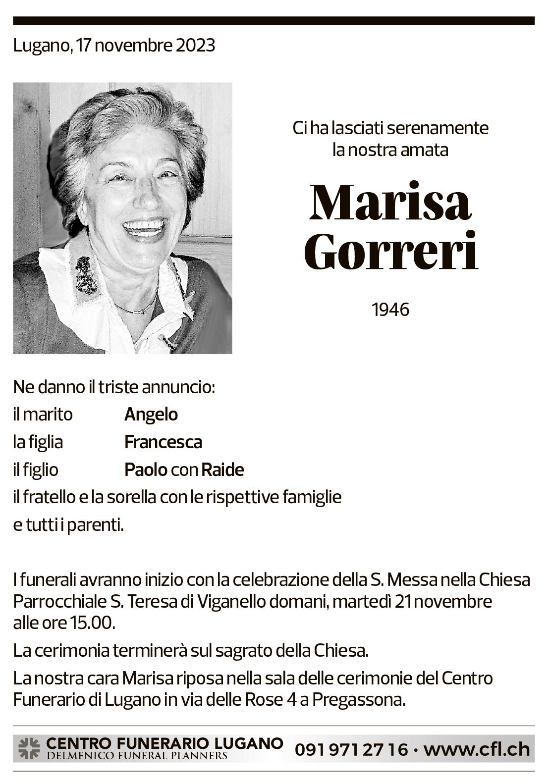 Annuncio funebre Marisa Gorreri