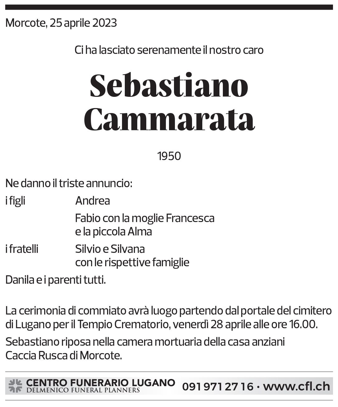 Annuncio funebre Sebastiano Cammarata