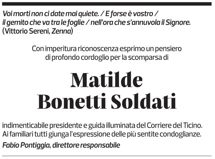Annuncio funebre Matilde Bonetti Soldati