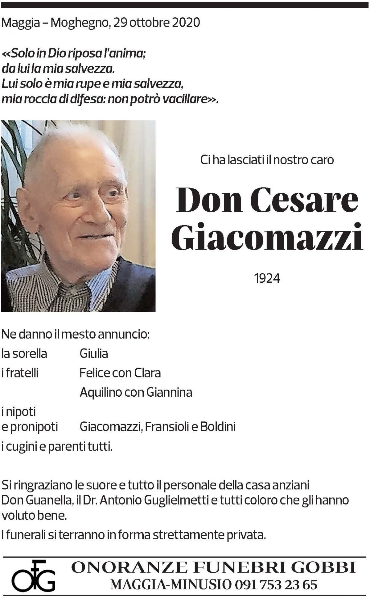 Annuncio funebre Don Cesare Giacomazzi
