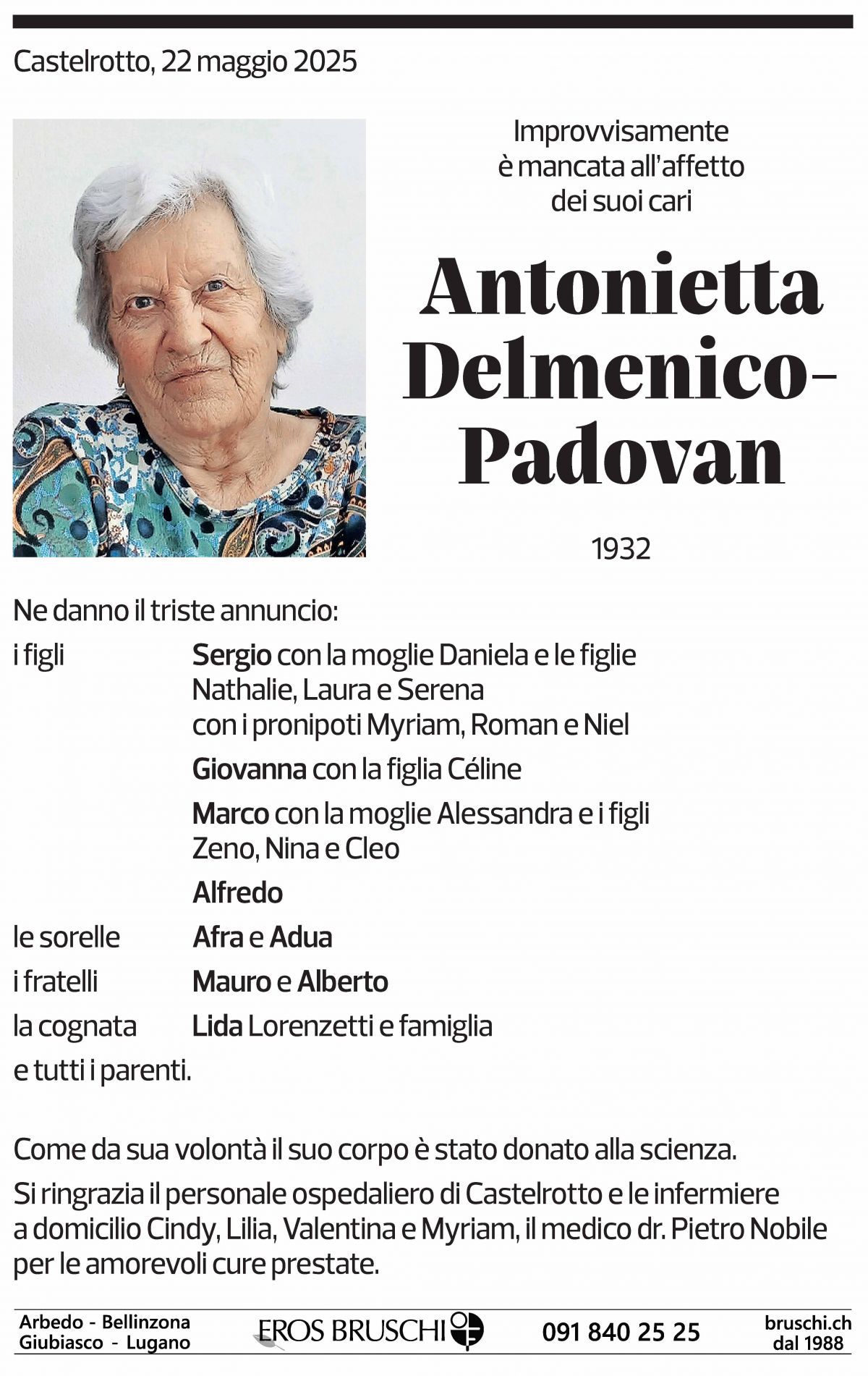 Annuncio funebre Antonietta Delmenico-padovan