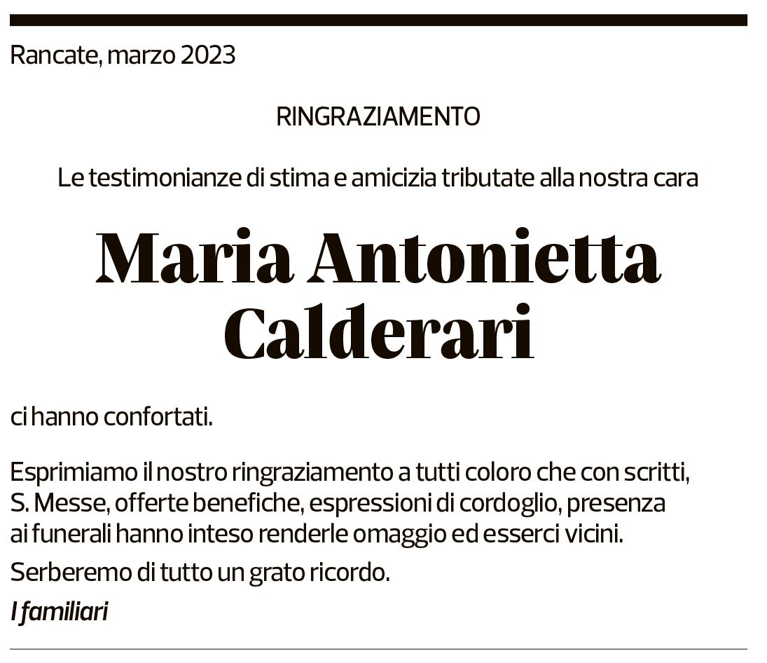 Annuncio funebre Maria Antonietta Calderari