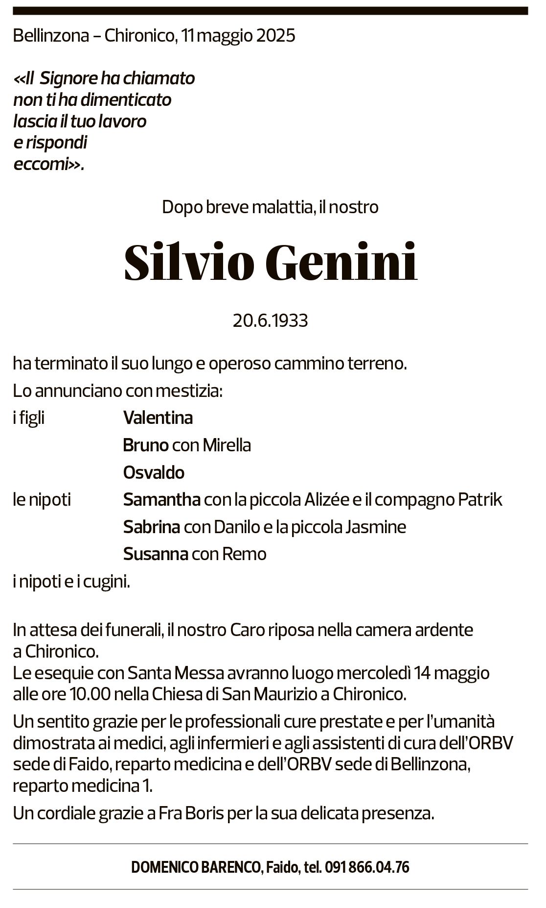 Annuncio funebre Silvia Genini