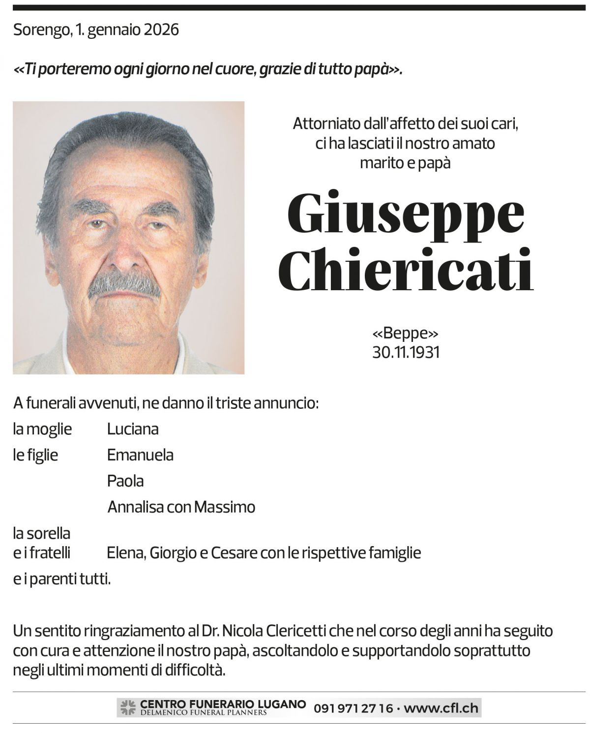 Annuncio funebre Giuseppe Chiericati
