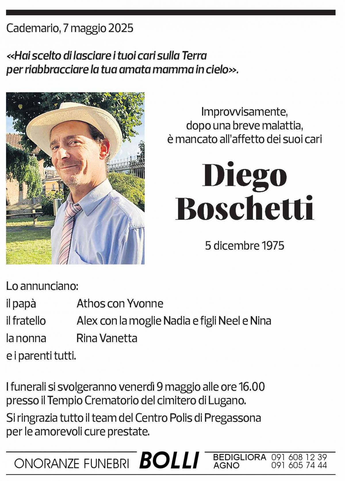 Annuncio funebre Diego Boschetti