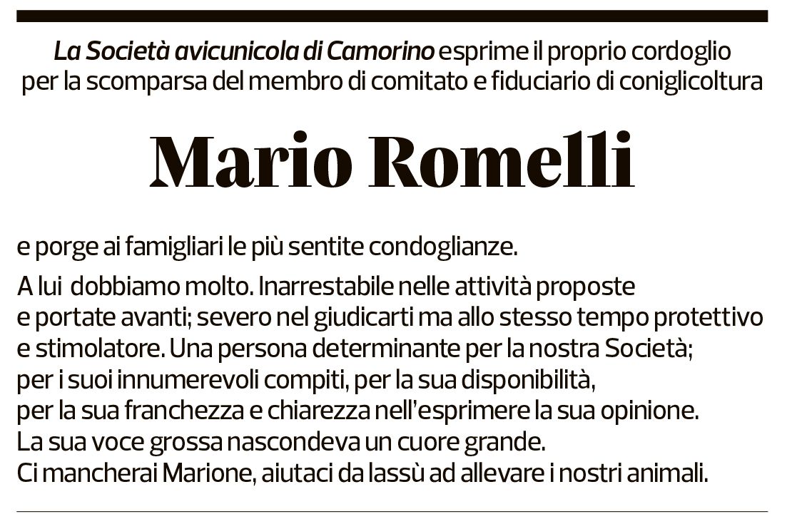 Annuncio funebre Mario Romelli