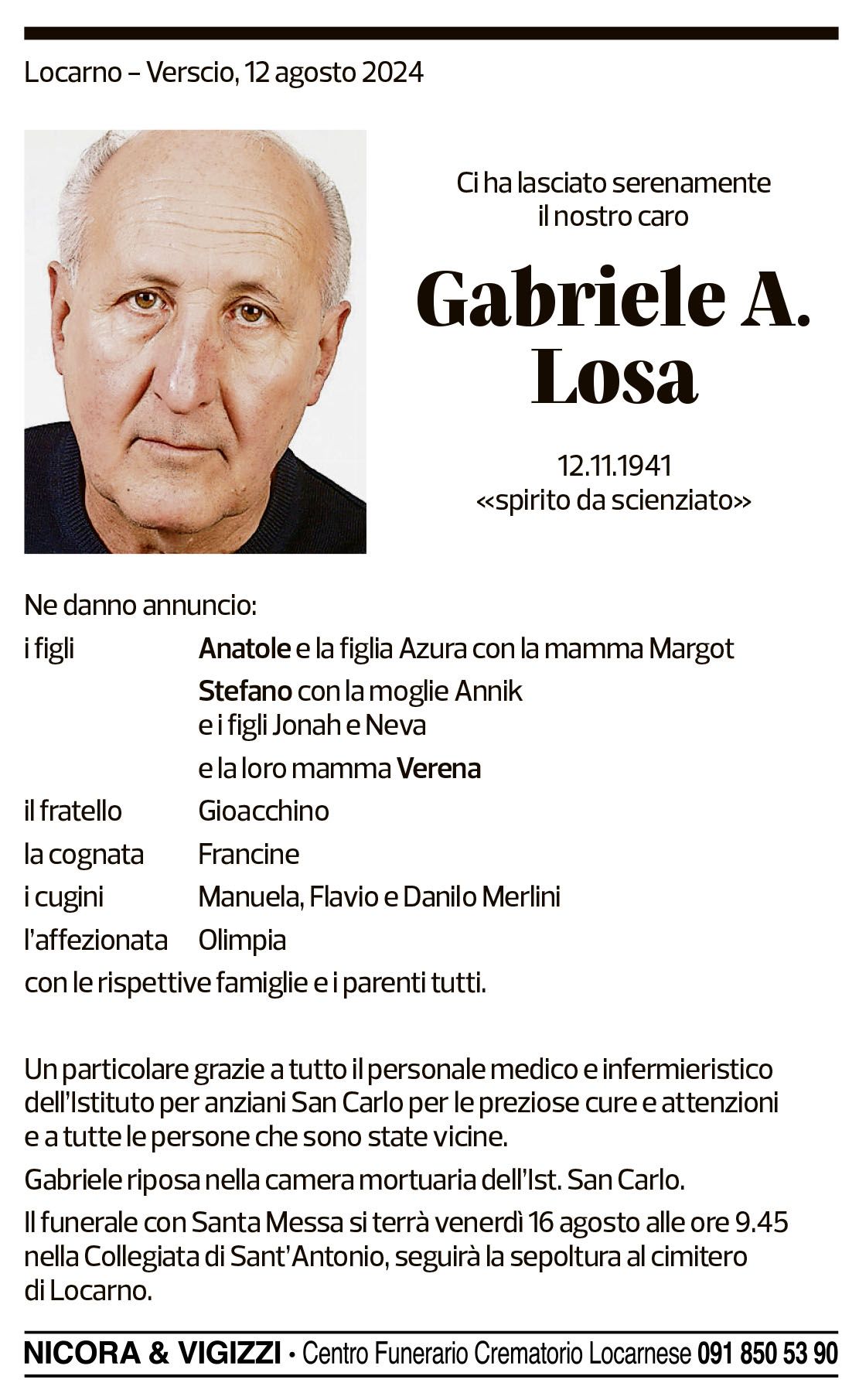 Annuncio funebre Gabriele A. Losa