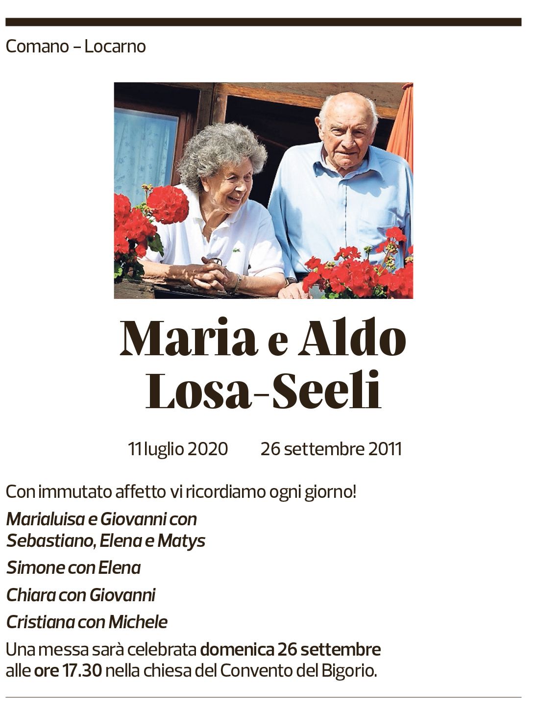 Annuncio funebre Maria - Aldo Losa-seeli