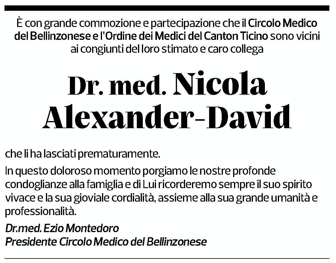 Annuncio funebre Dr. Med. Nicola Alexander - David