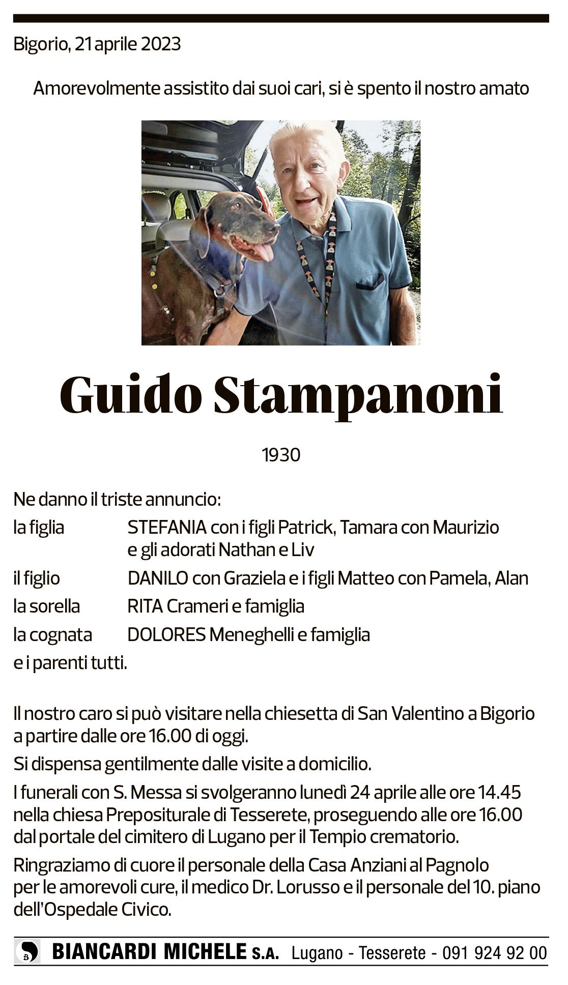 Annuncio funebre Guido Stampanoni