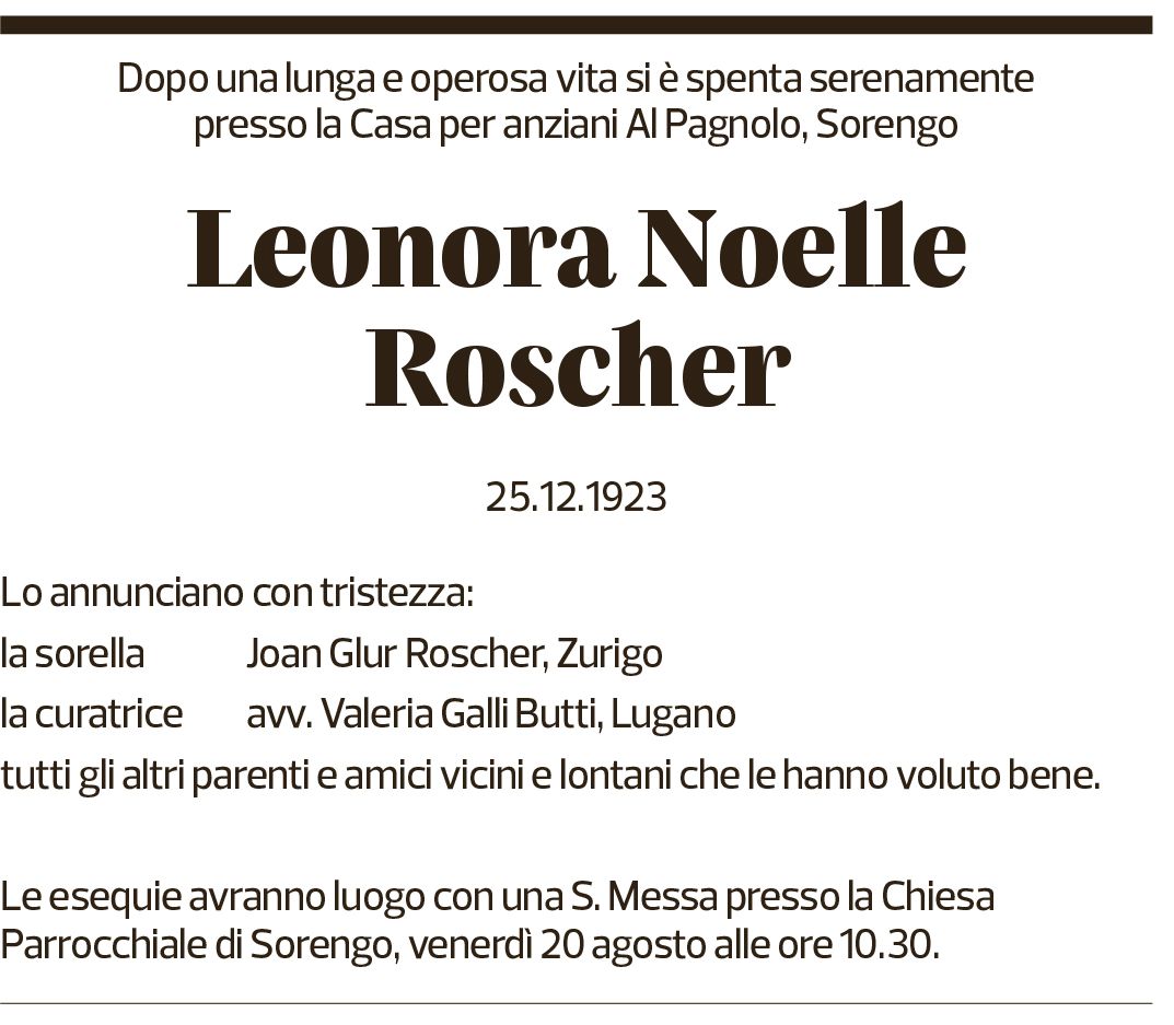 Annuncio funebre Leonora Noelle Roscher