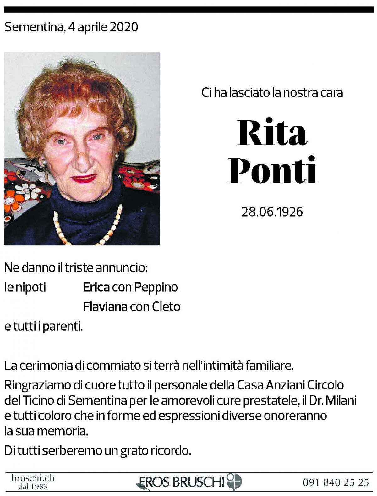 Annuncio funebre Rita Ponti