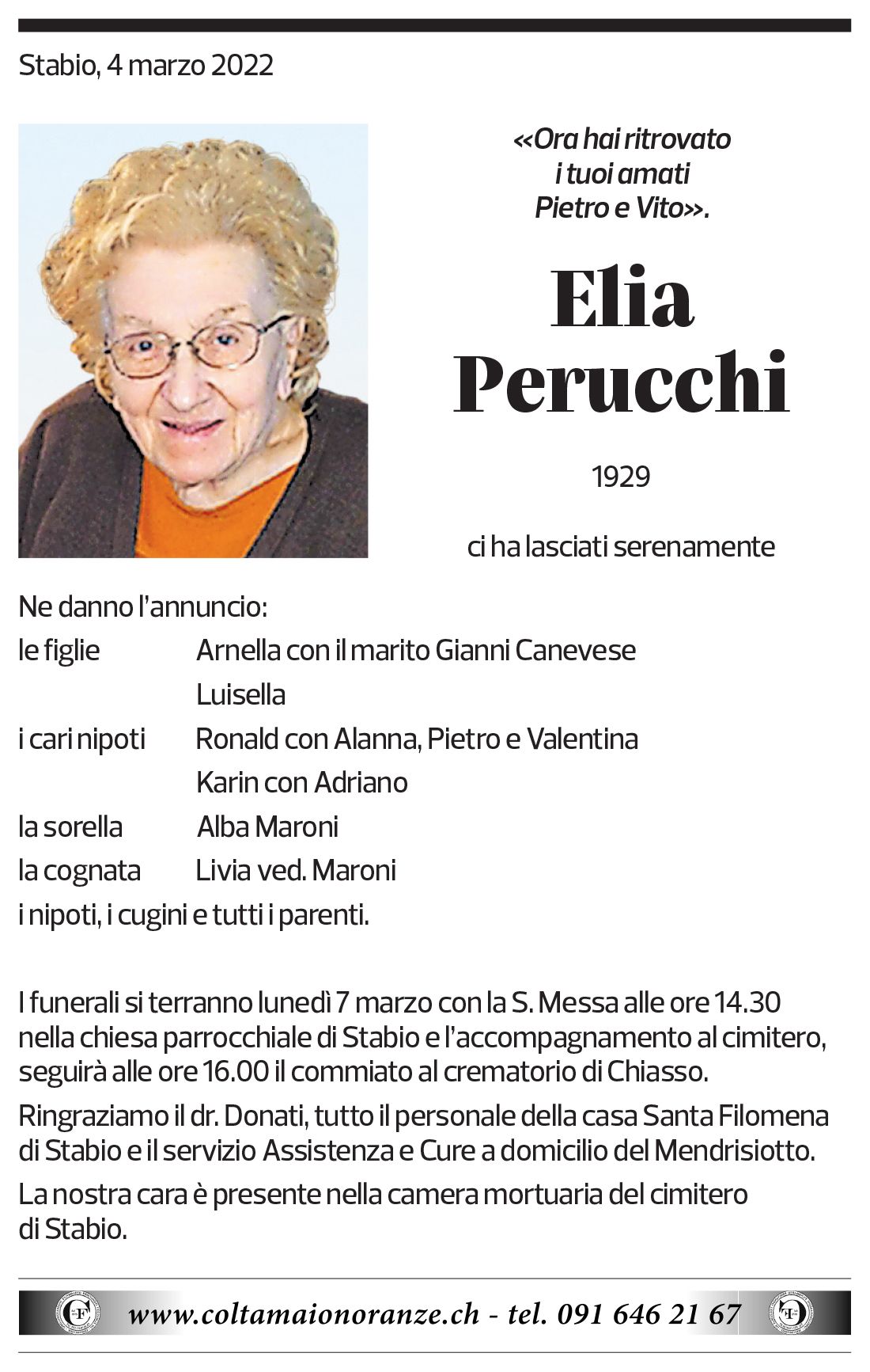 Annuncio funebre Elia Perucchi