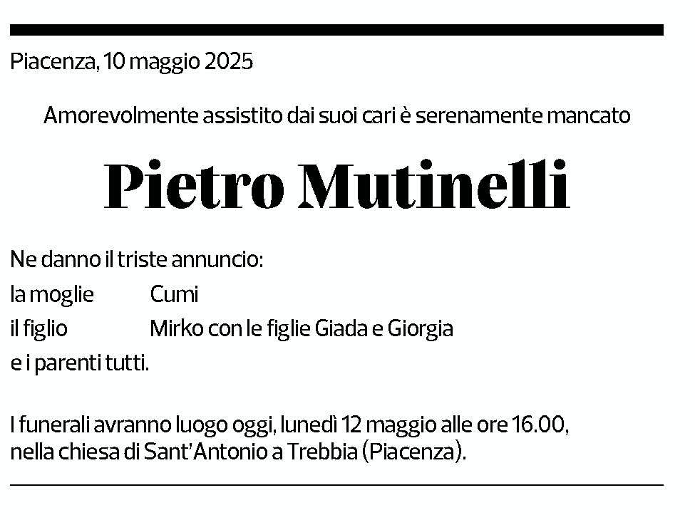 Annuncio funebre Pietro Mutinelli