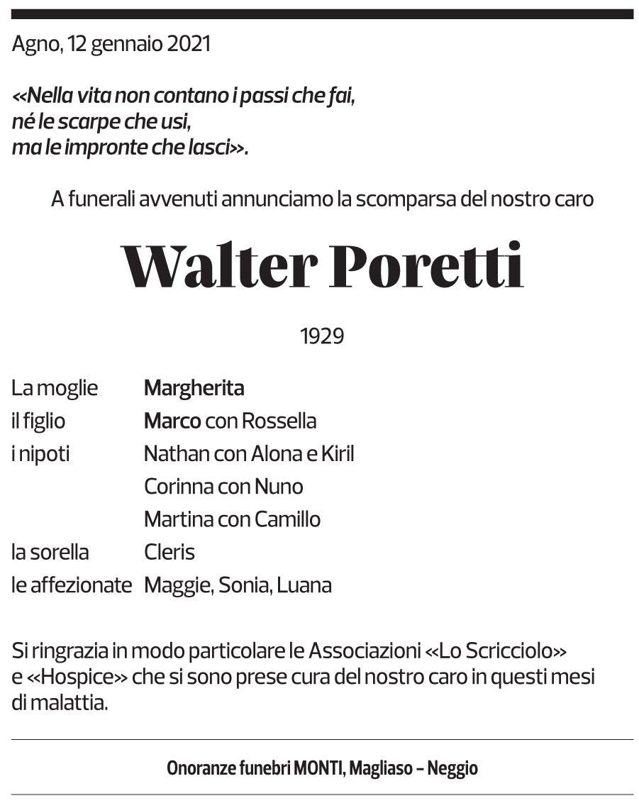 Annuncio funebre Walter Poretti