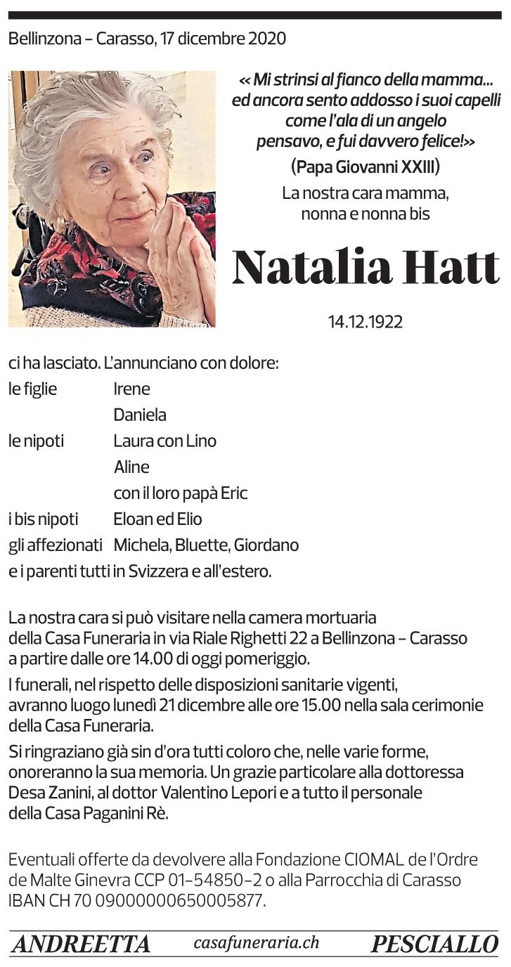 Annuncio funebre Natalia Hatt