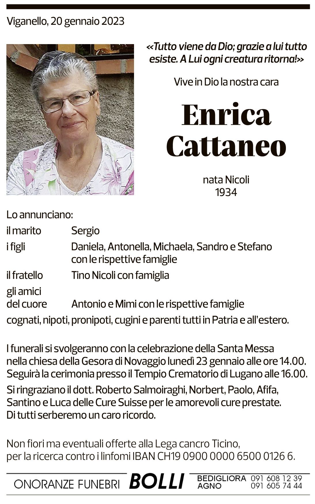 Annuncio funebre Enrica Cattaneo