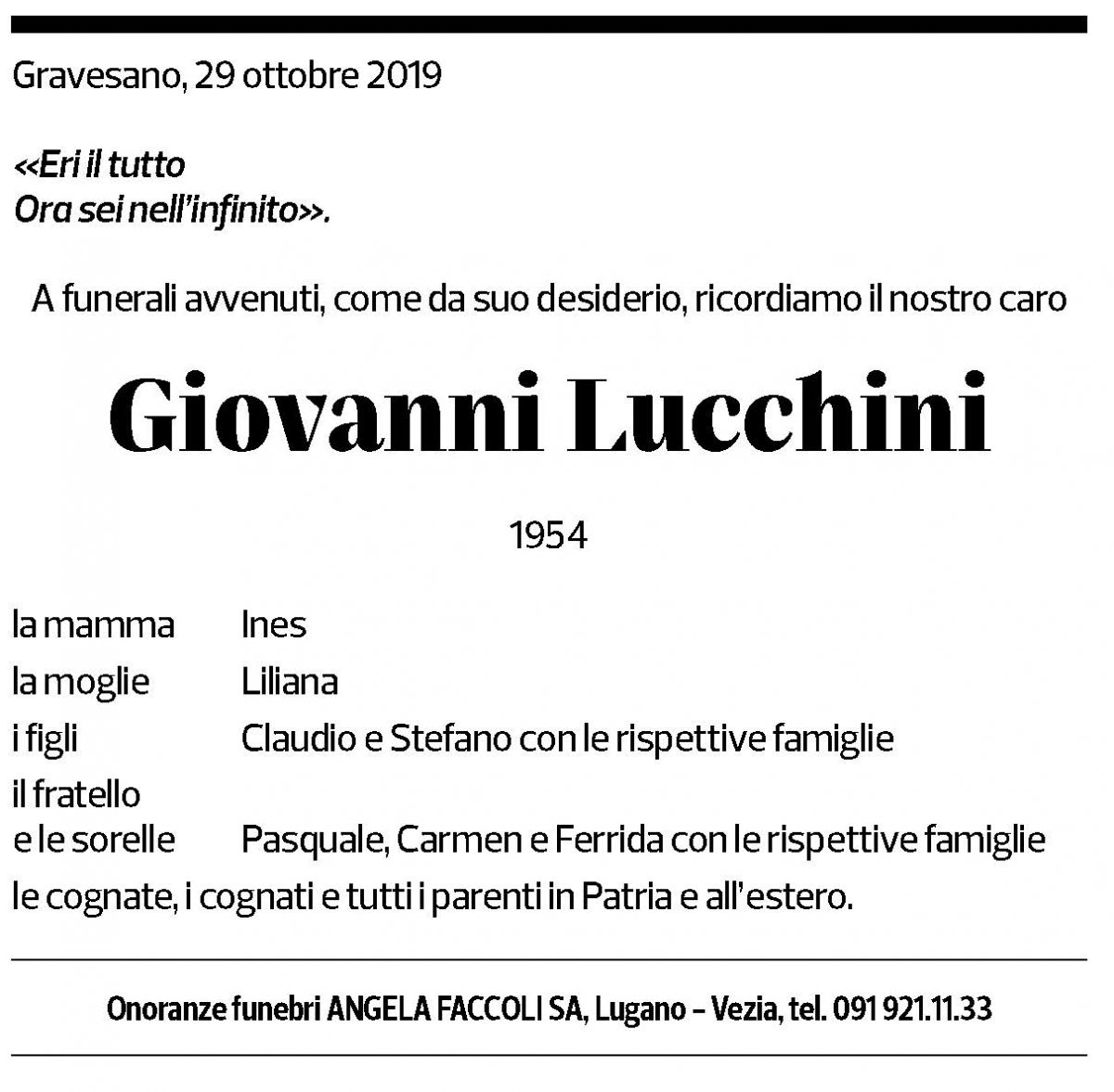 Annuncio funebre Giovanni Lucchini