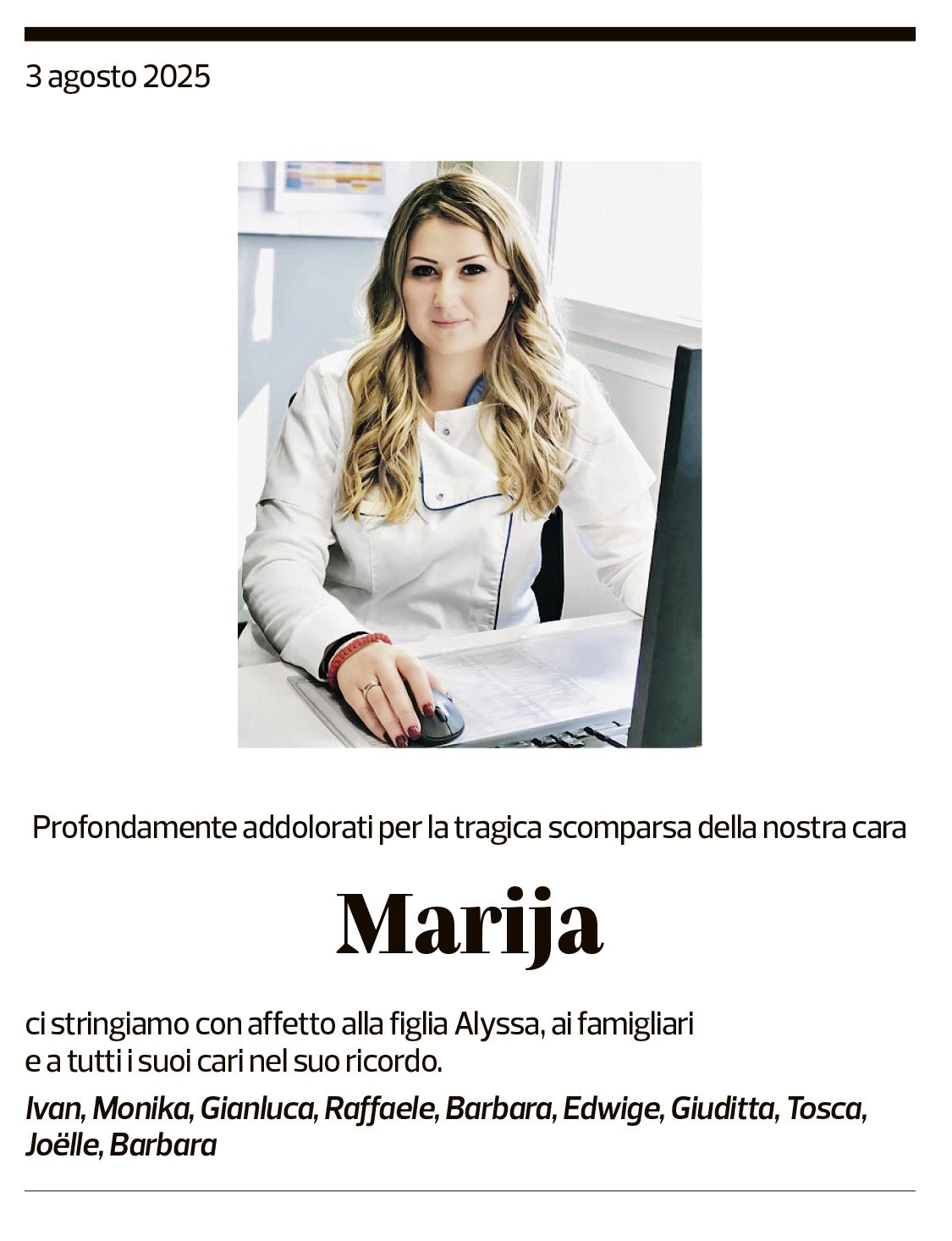 Annuncio funebre Marija Ivanovic