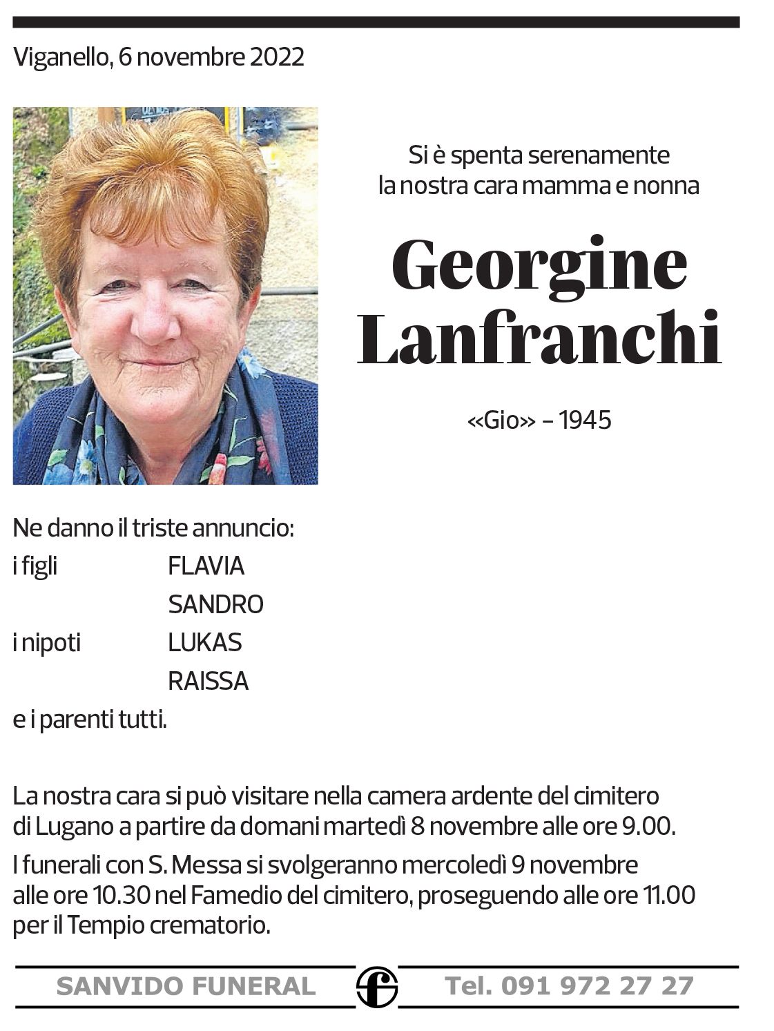 Annuncio funebre Georgine Lanfranchi