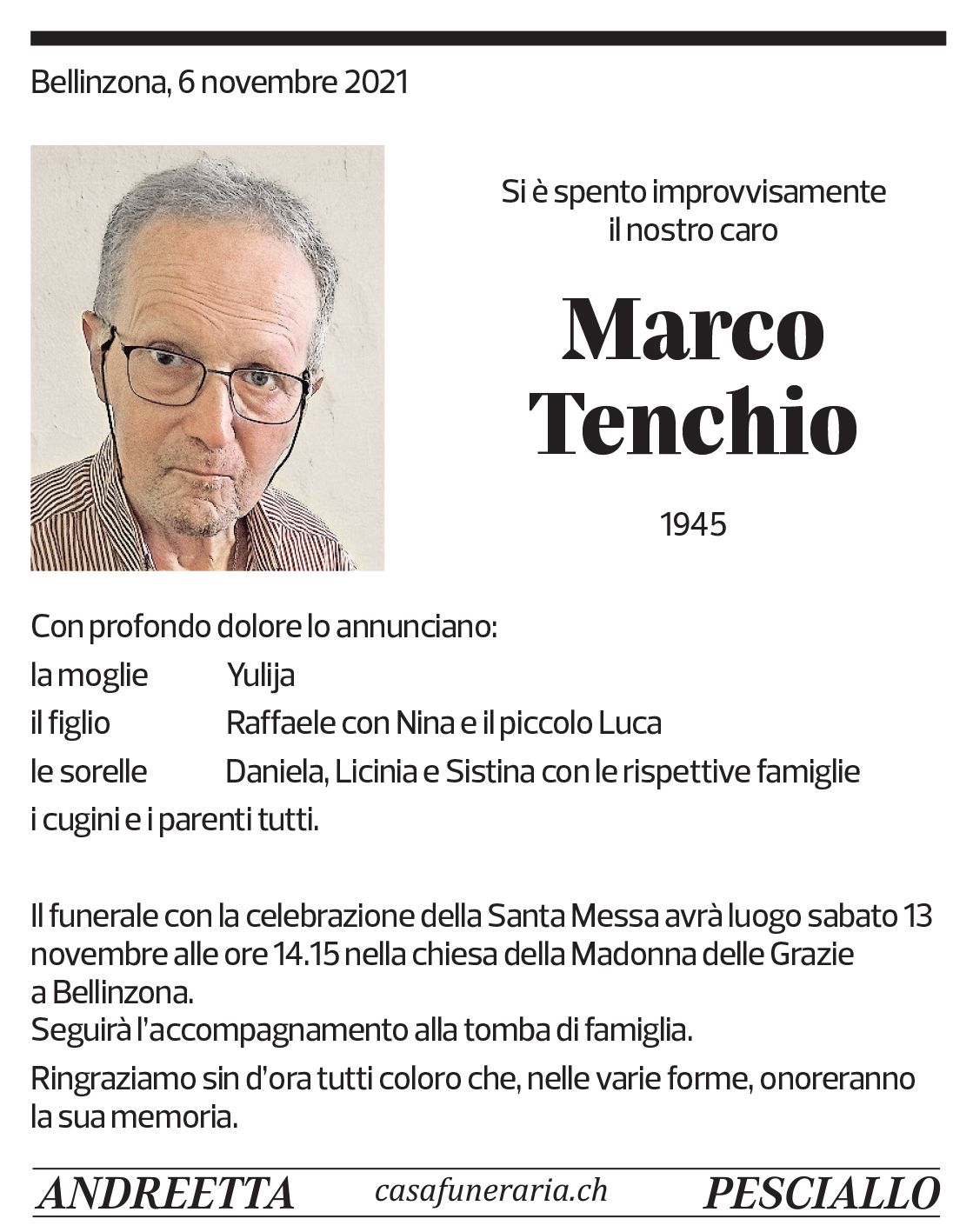 Annuncio funebre Marchio Tenchio