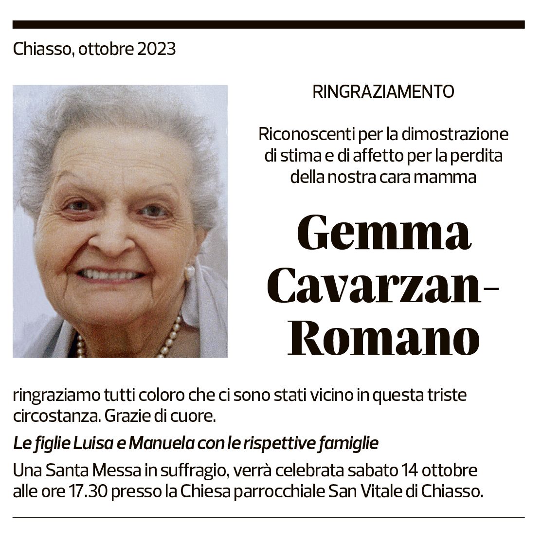 Annuncio funebre Gemma Cavarzan-romano