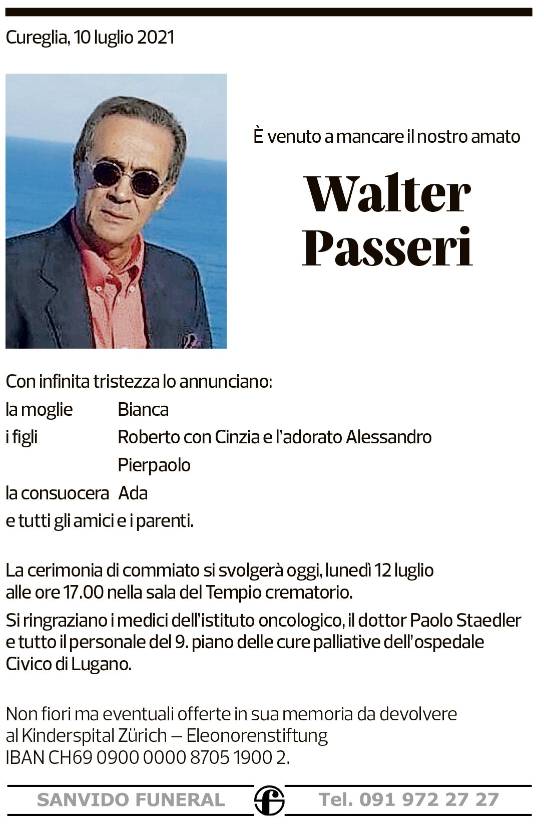 Annuncio funebre Walter Passeri