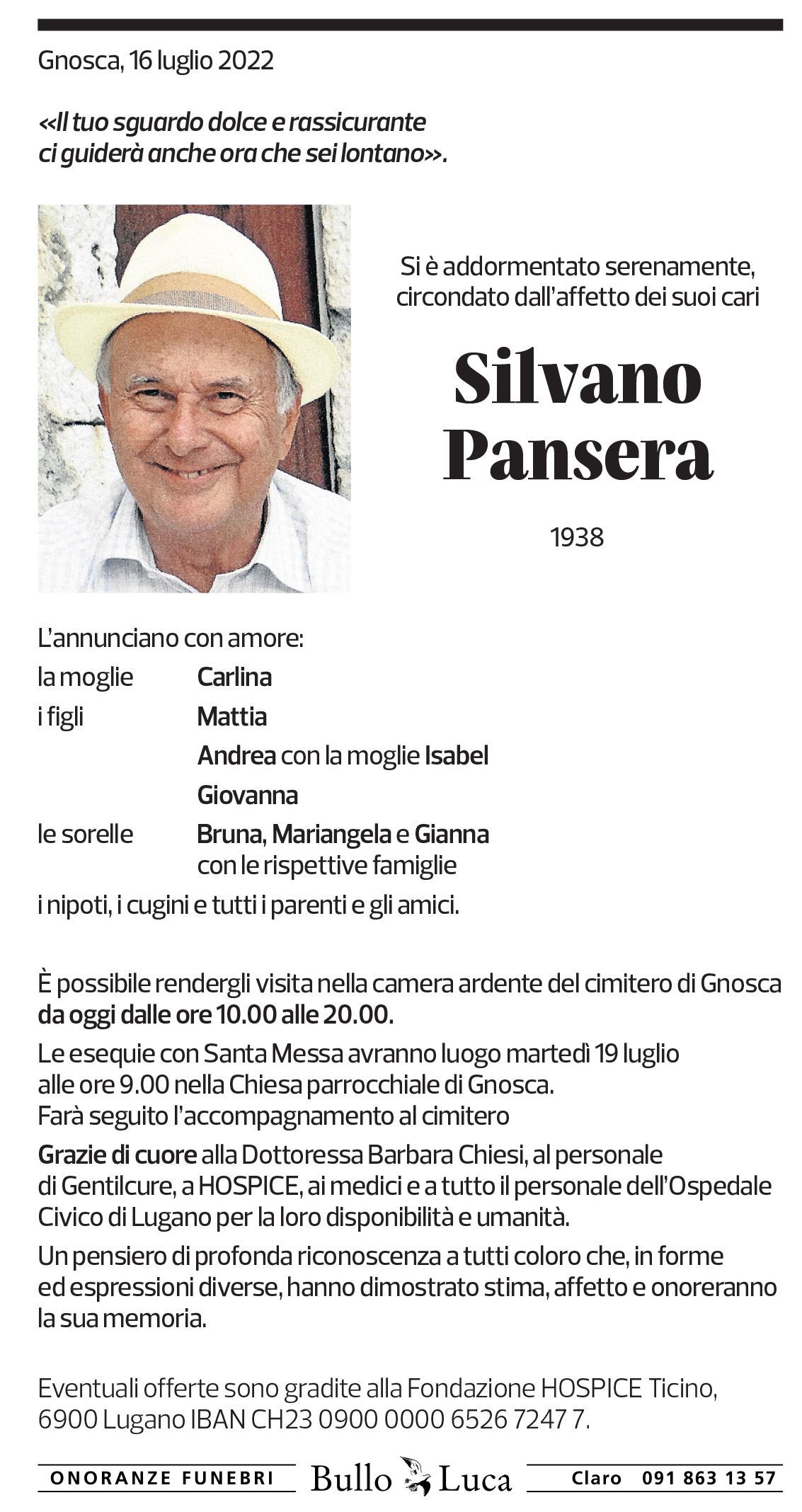 Annuncio funebre Silvano Pansera