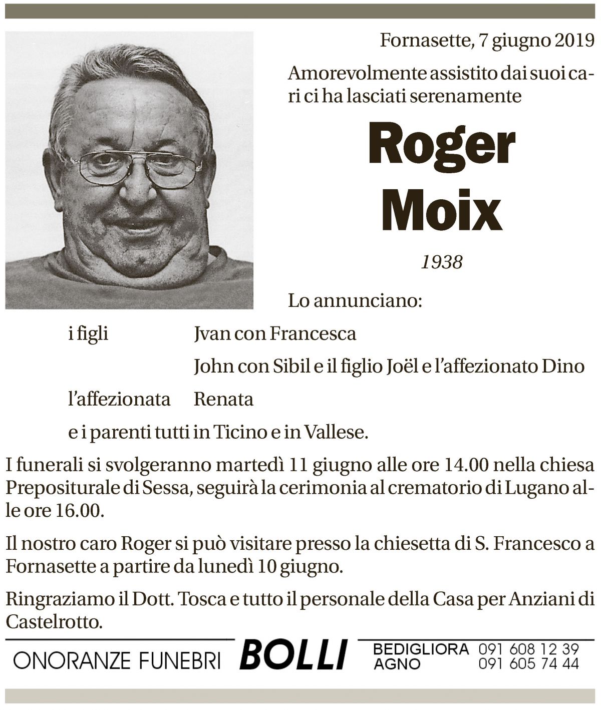 Annuncio funebre Roger Moix