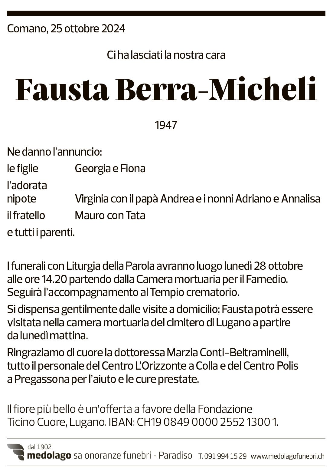 Annuncio funebre Fausta Berra-micheli