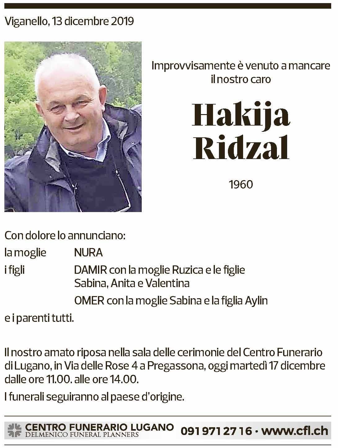 Annuncio funebre Hakija Ridzal