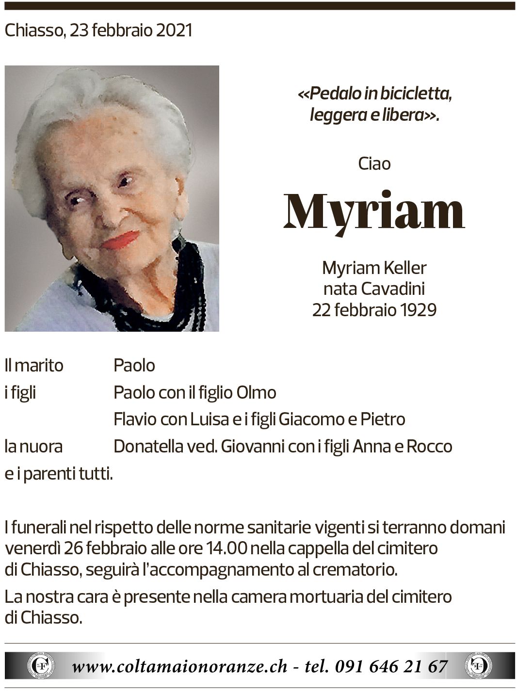 Annuncio funebre Myriam Keller