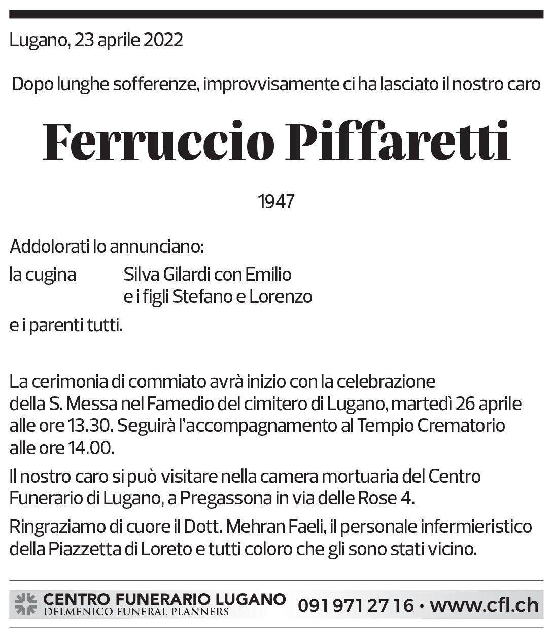 Annuncio funebre Ferruccio Piffaretti