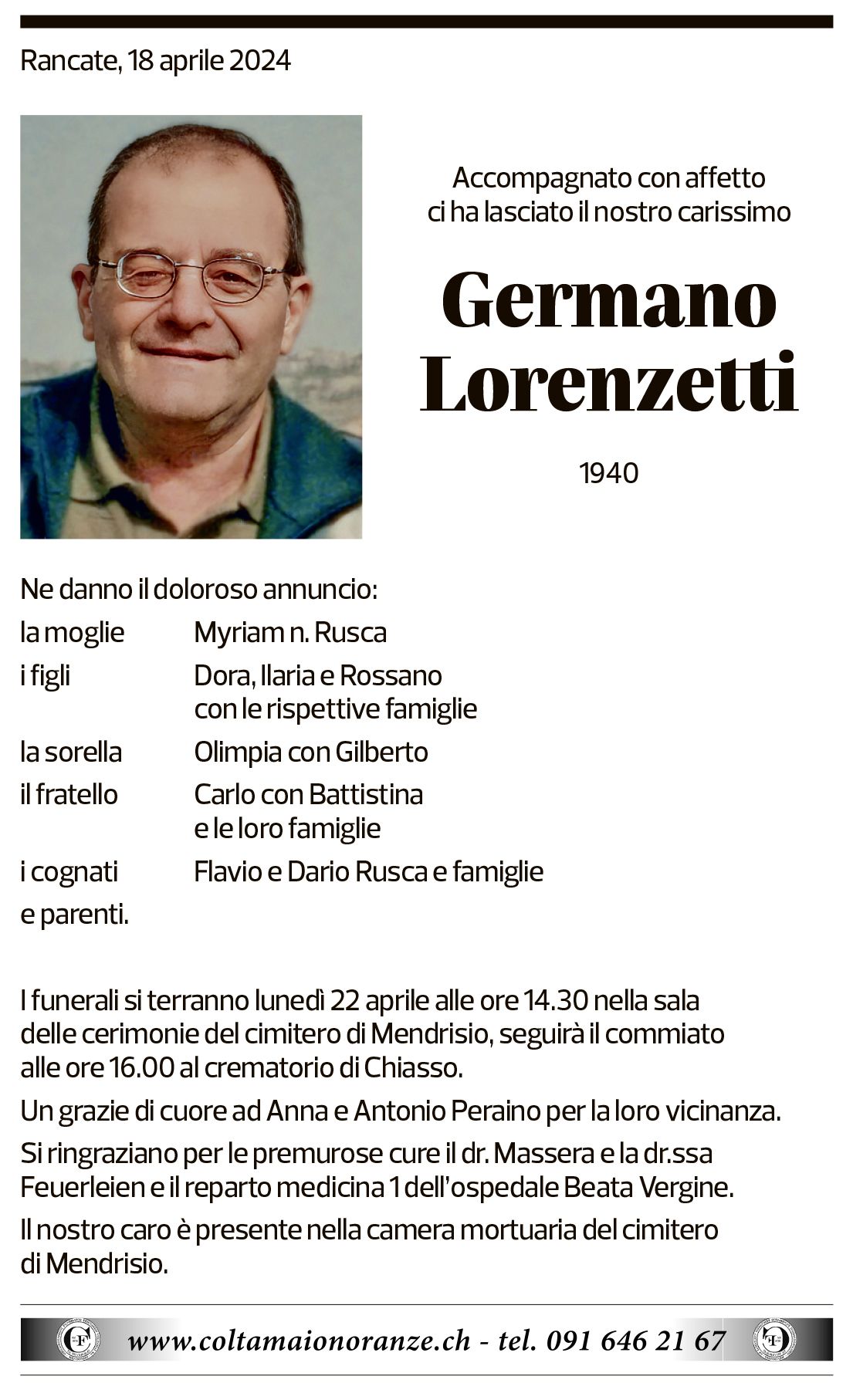 Annuncio funebre Germano Lorenzetti