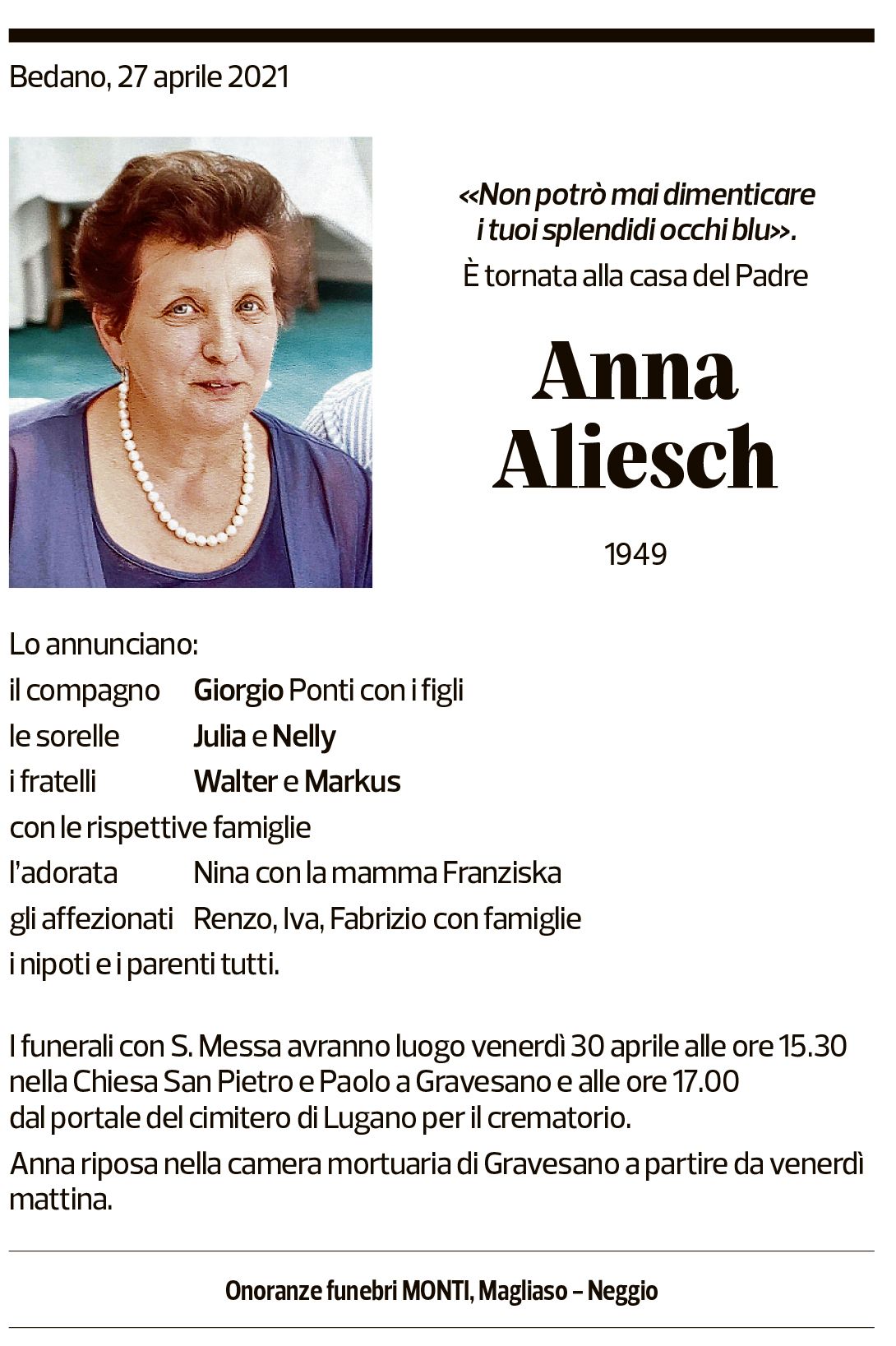 Annuncio funebre Anna Aliesch