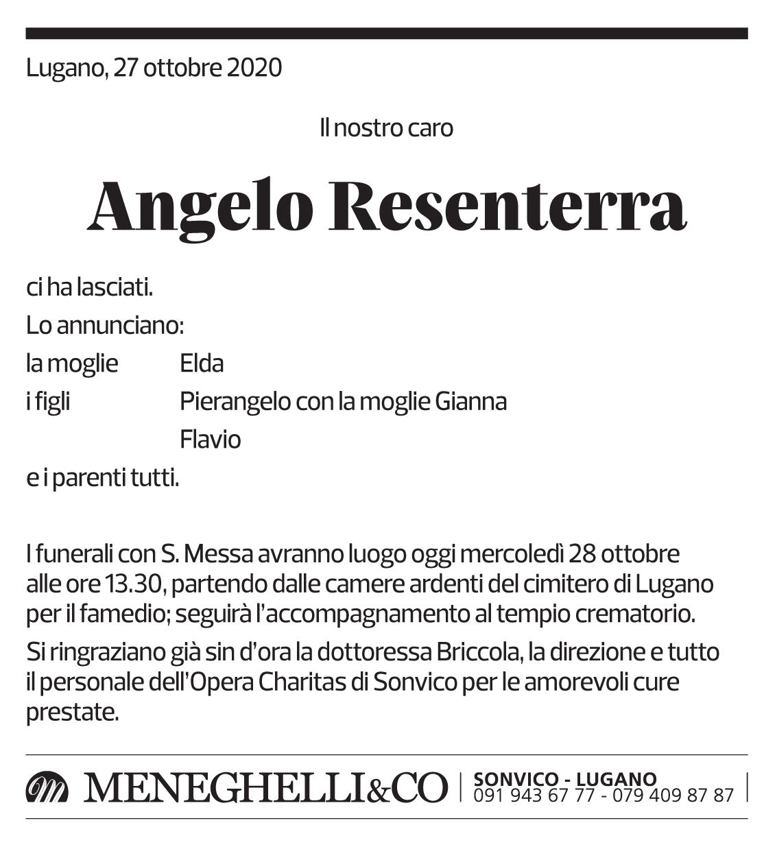Annuncio funebre Angelo Resenterra