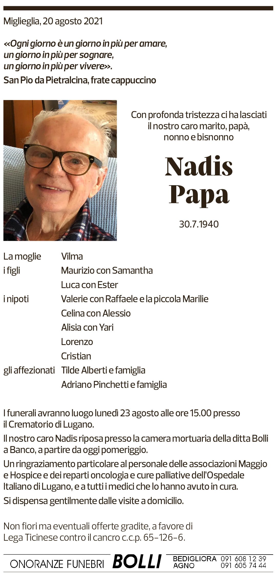 Annuncio funebre Nadis Papa