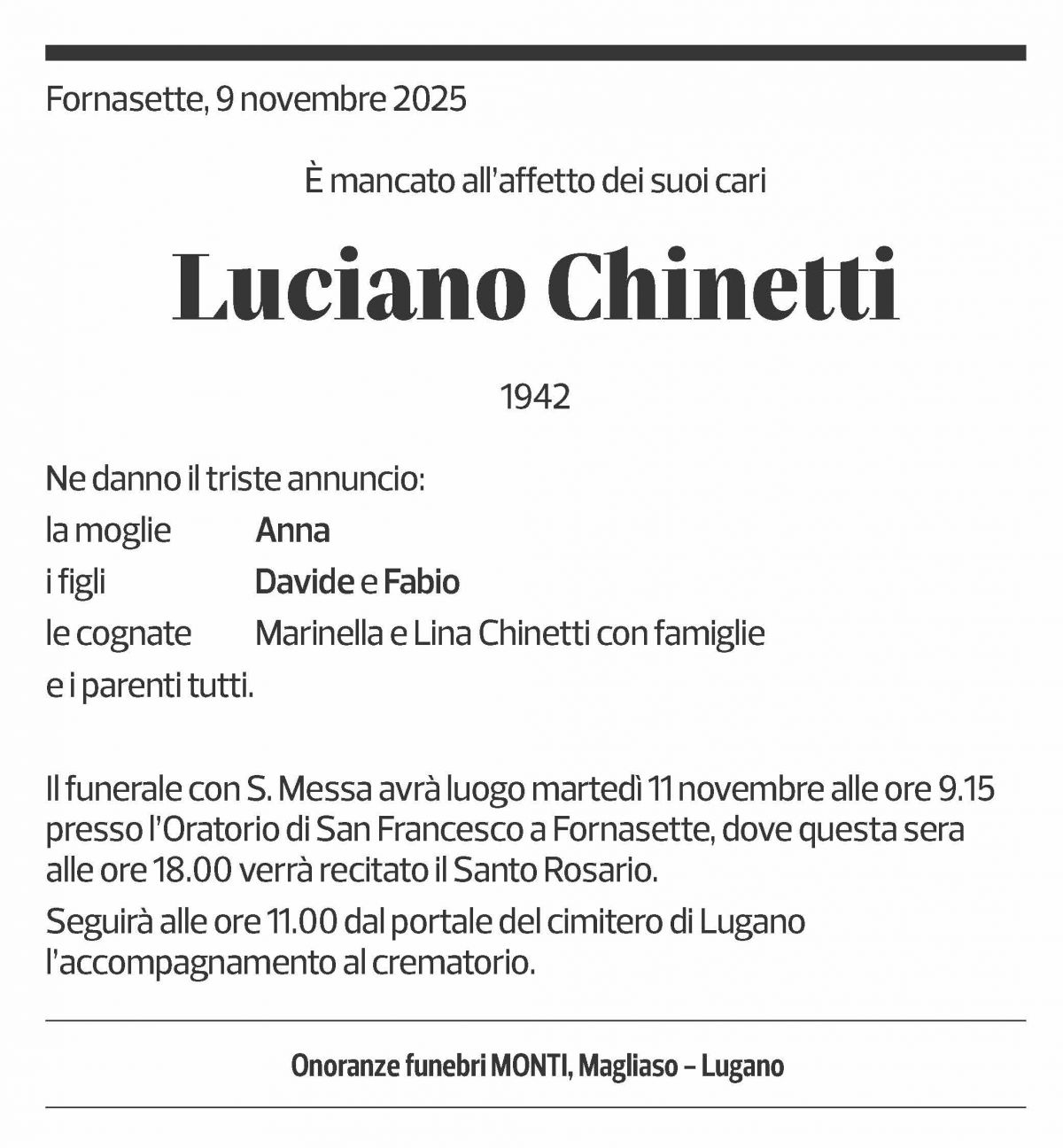 Annuncio funebre Luciano Chinetti