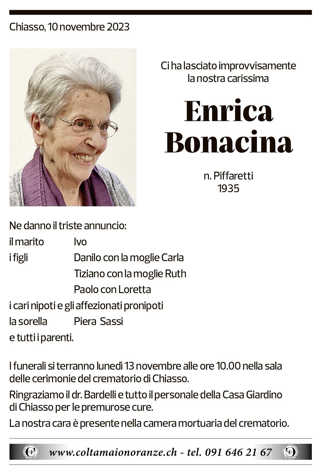 Annuncio funebre Enrica Bonacina