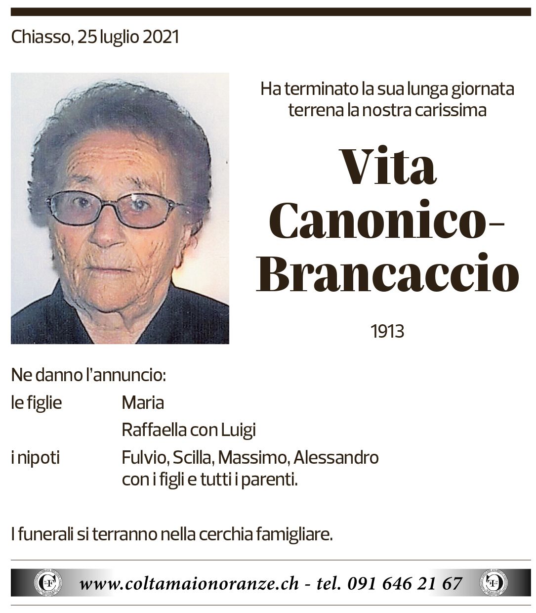 Annuncio funebre Vita Canonico-brancaccio